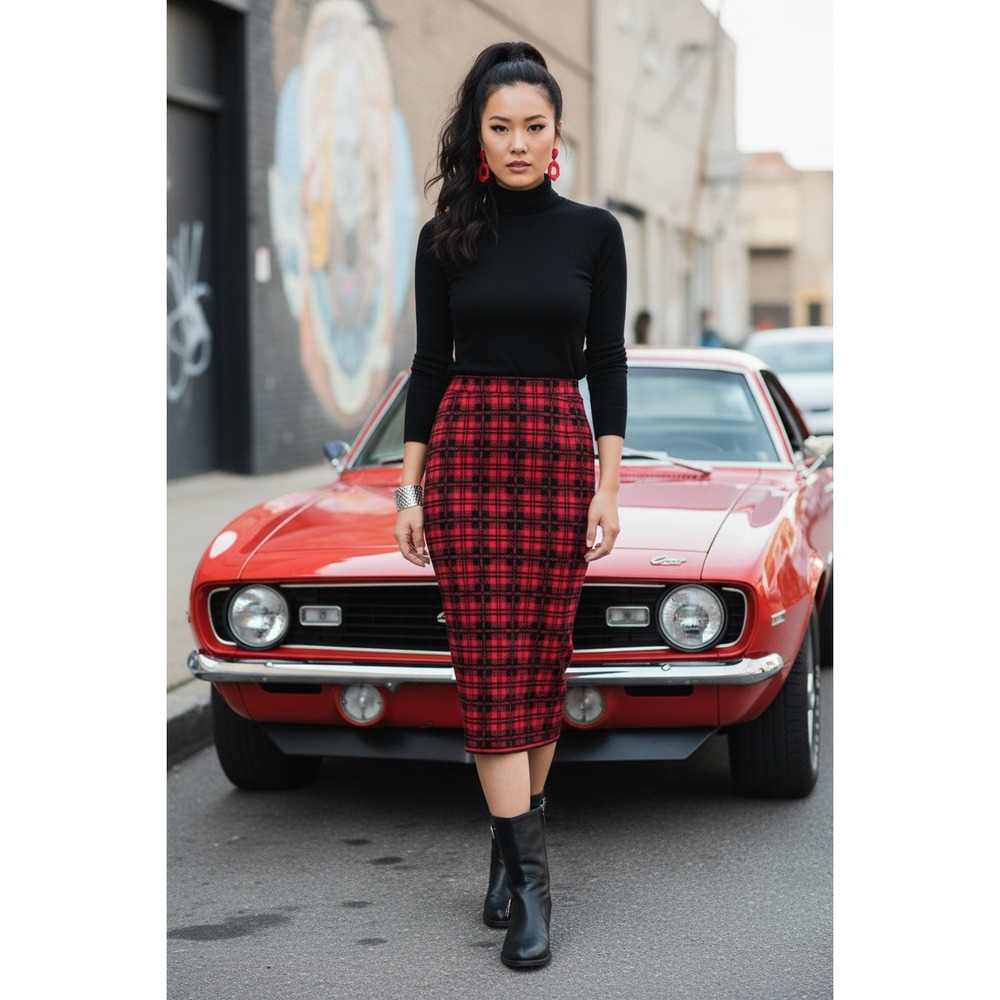 Torn by Ronny Kobo Red Black Plaid Midi Pencil Skirt S Edgy Artsy‎ City Money